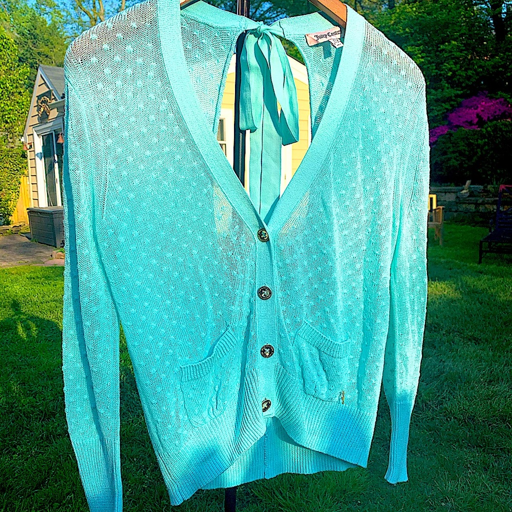 Silk + Cotton + Linen Juicy Couture Mint Open Back Button Up Sweater